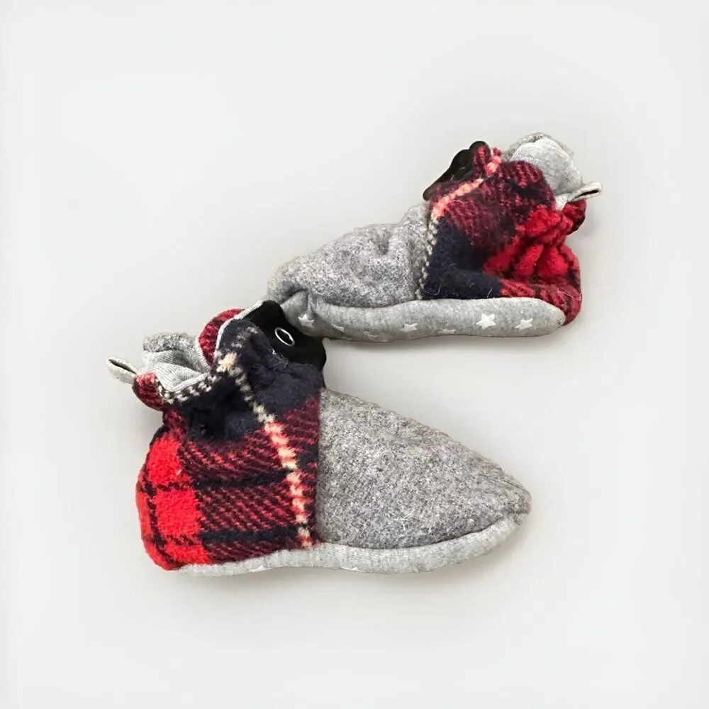 Robeez Leather Flannel Plaid Grey Black Crib Shoes Boots baby boy 6-12 M EUC